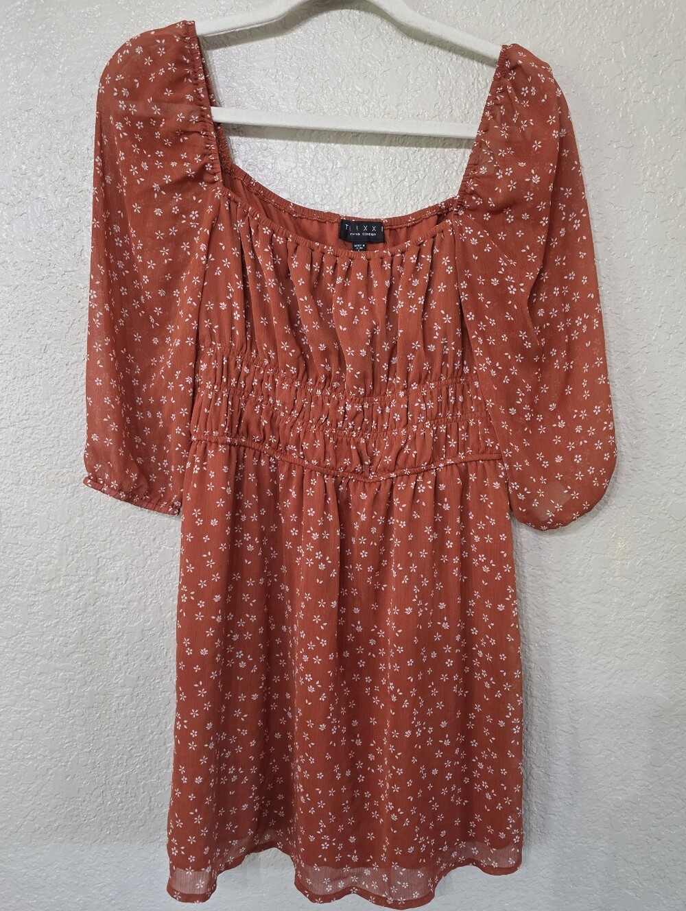 Trixxi Rust Orange Floral Smocked Waist Mini Dress